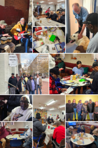 A collage of photographs of Christ House patients doing various activities- painting, at a birthday party, decorating wallets, meeting a service dog, outside of Ford Theatre.