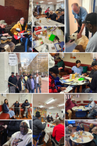 A collage of photographs of Christ House patients doing various activities- painting, at a birthday party, decorating wallets, meeting a service dog, outside of Ford Theatre.